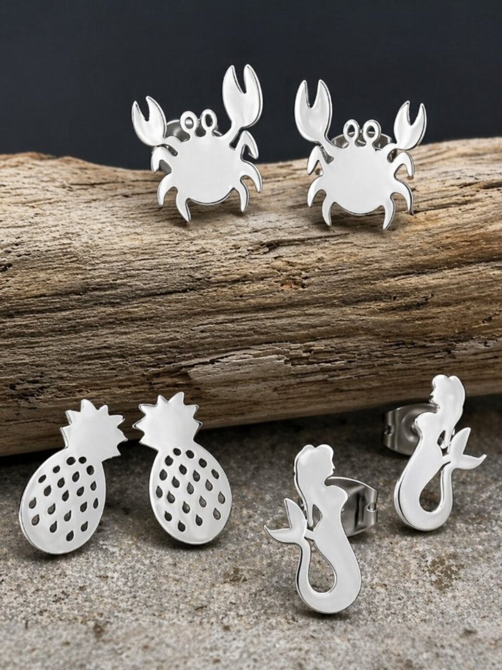 Silver Stud Earring Set of 3 Ocean Theme